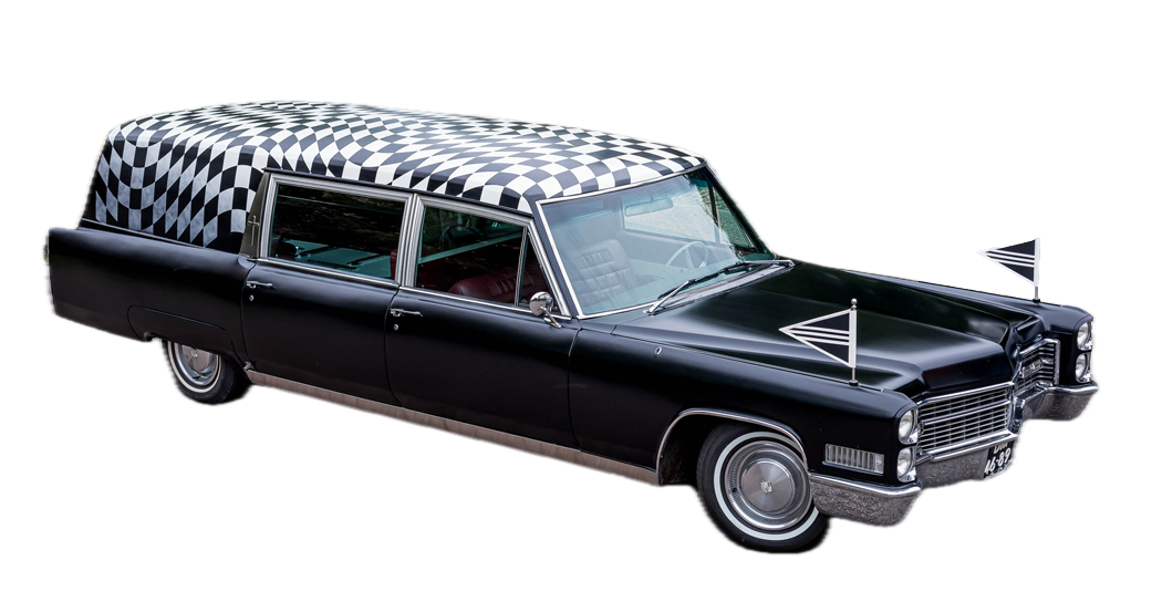 Zwarte Cadillac rouwauto uit 1966 met geblokt dak