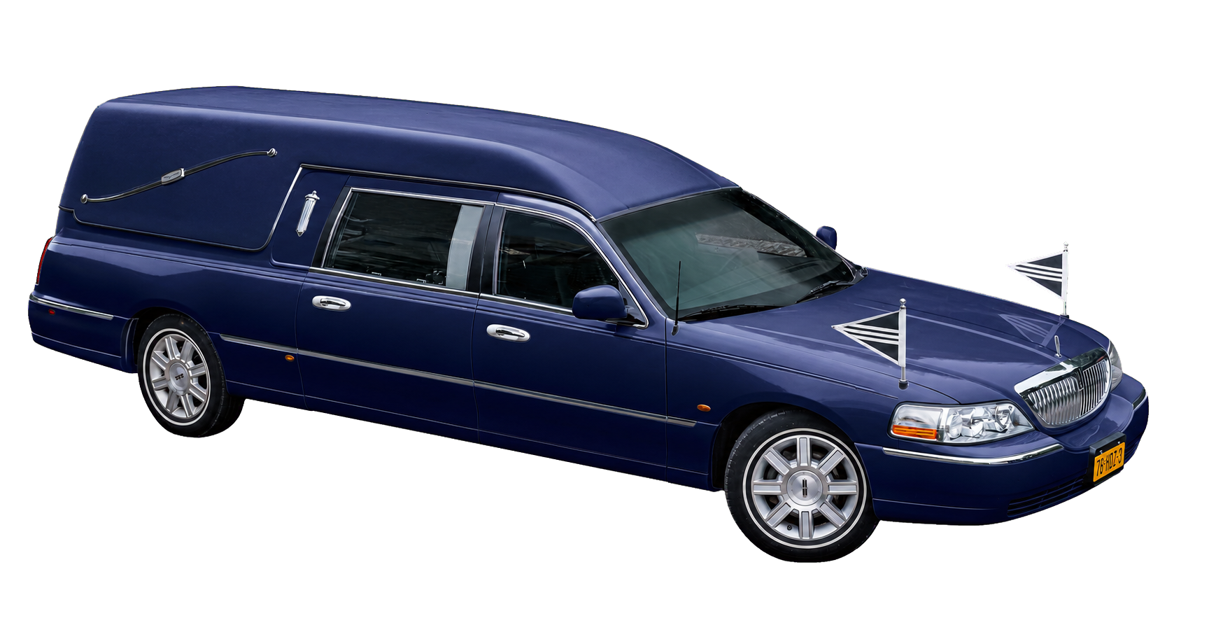 Donkerblauwe Lincoln rouwauto met rouwvlaggen